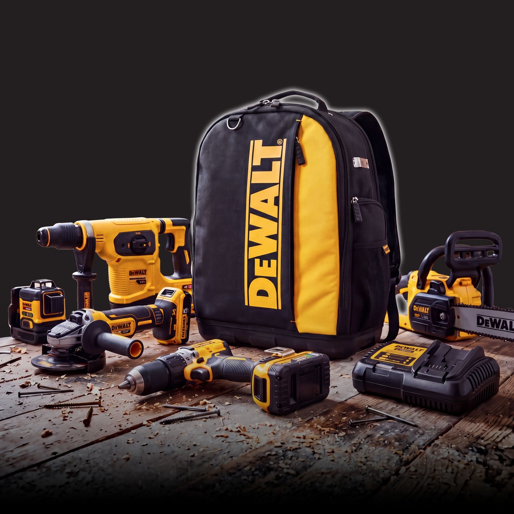 DEWALT tool set with backpack, drill, saw, charger and accessories on a wooden surface.